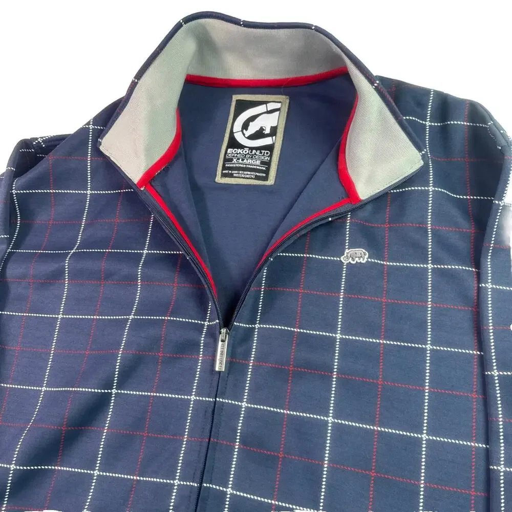 Ecko Unltd Track Jacket Mens XL Blue Plaid Full Zip Embroidered Hip Hop Y2K